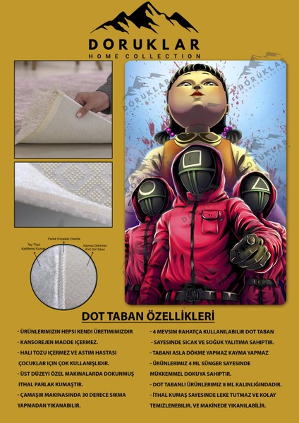 Kaymaz Taban Makinada Yıkanabilir Dijital Baskı Squid Game Desenli Genç Odası Halısı Dot Taban Halı SG03