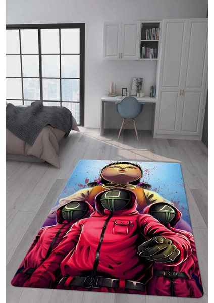 Kaymaz Taban Makinada Yıkanabilir Dijital Baskı Squid Game Desenli Genç Odası Halısı Dot Taban Halı SG03
