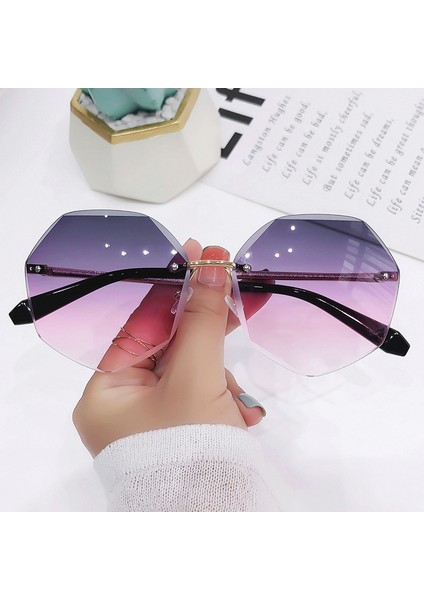 Sekizgen Çerçevesiz Güneş Gözlüğü Kadın Retro Metalik Güneş Gözlüğü Uv Koruma Yeni Moda Kesme Lens Gözlük UV400 Güneş Gözlüğü (Yurt Dışından)