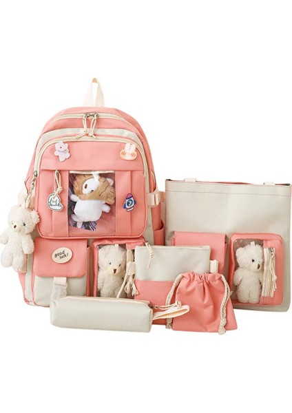 Lise Öğrencisi Büyük Kapasiteli Ortaokul Kız Kız Kalp Öğrenci Dayanıklı Sırt Çantası Beş Parçalı Set (Yurt Dışından)