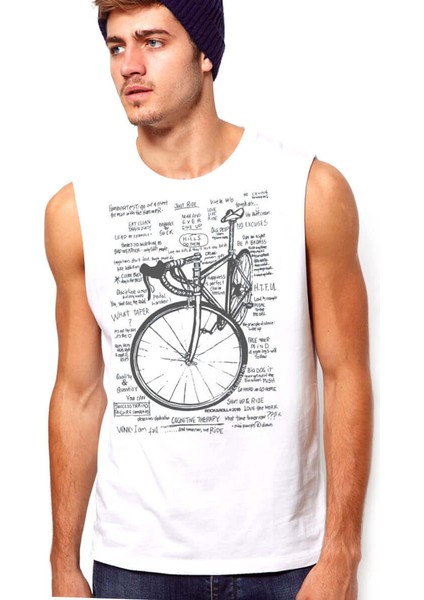 Yarış Bisikleti Yazılar Beyaz Kesik Kol / Kolsuz Erkek T-Shirt
