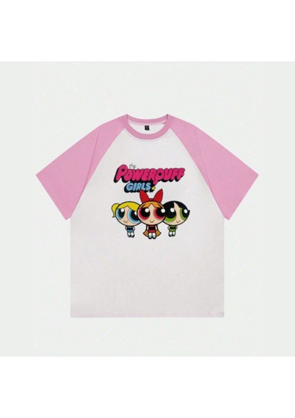 Beyaz Pembe Reglan Powerpuff Girl T-Shirt