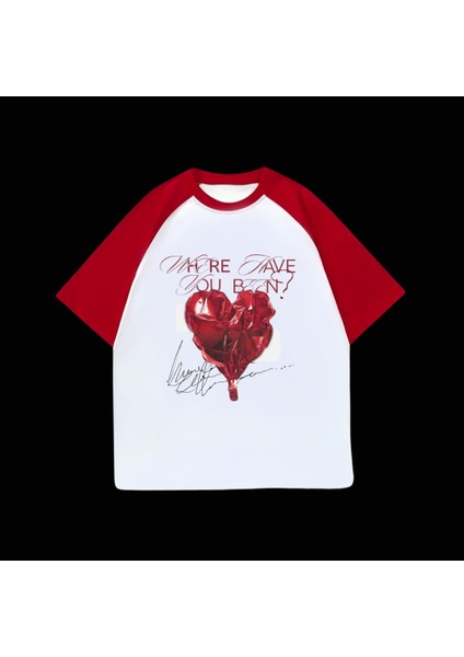 Beyaz Unisex Kırmızı Reglan Hearth Ballon T-Shirt