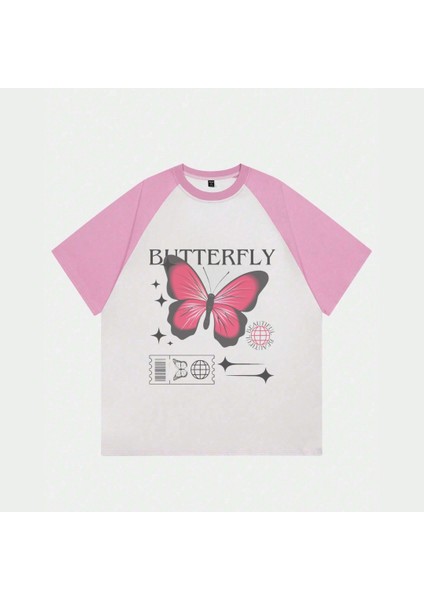 Beyaz Pembe Reglan Butterfly T-Shirt