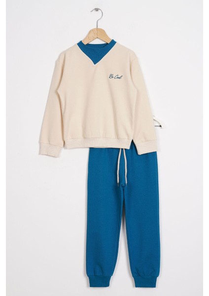 Bisiklet Yaka Uzun Kol Yaka Renk Detaylı Bel Lastikli Taş Renk Erkek Çocuk Ikili Takım