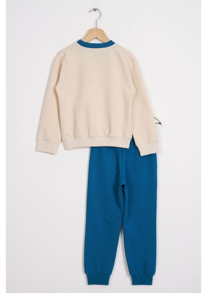 Bisiklet Yaka Uzun Kol Yaka Renk Detaylı Bel Lastikli Taş Renk Erkek Çocuk Ikili Takım modelleri