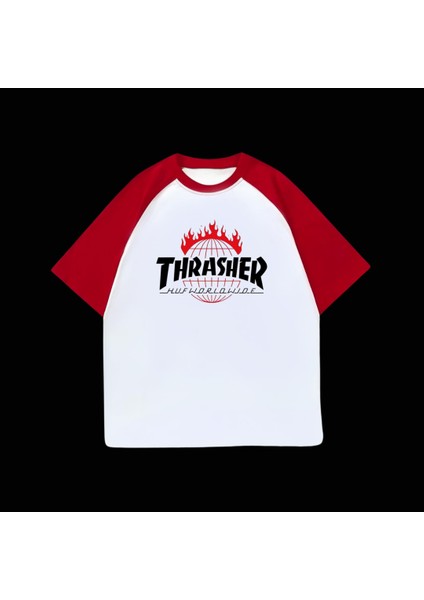 Beyaz Unisex Kırmızı Reglan Thresher T-Shirt