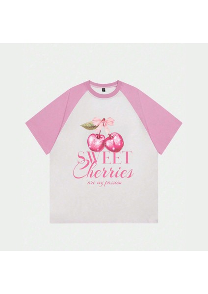 Beyaz Pembe Reglan Sweet Cherries T-Shirt