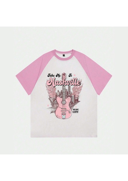 Beyaz Pembe Reglan Nashville T-Shirt