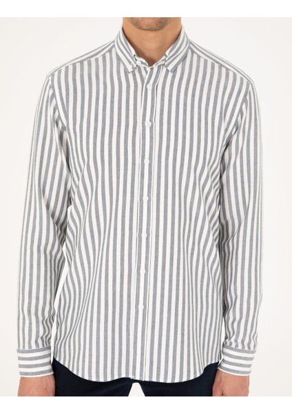 Erkek Lacivert Regular Fit Çizgili Uzun Kollu Gömlek 50295253-VR033