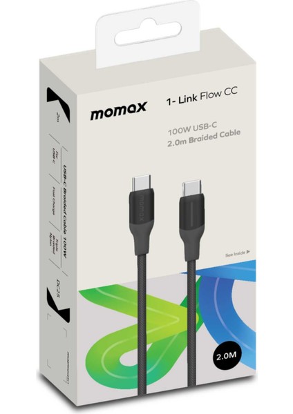 1-Link Flow cc 100W Usb-C 2.0m ÖRGÜLÜ-DC25 Kablo Siyah