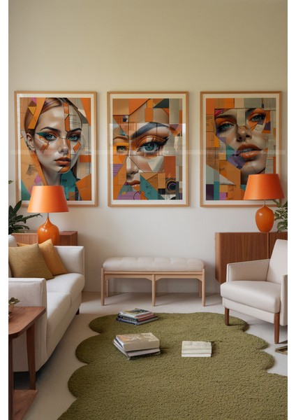 Portre ve Geometrik Desenli 3'lü Ahşap Çerçeveli Tablo Seti 21 x 30