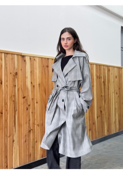 Tasarım Ingiliz Pelerin Model Trenchcoat Ceket Kadın Gri