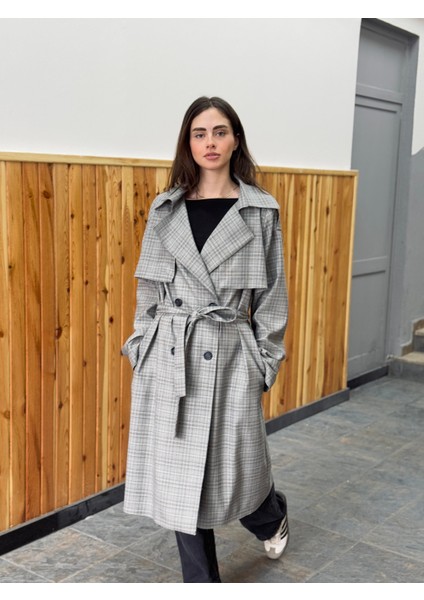 Tasarım Ingiliz Pelerin Model Trenchcoat Ceket Kadın Gri