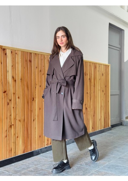 Tasarım Ingiliz Pelerin Model Trenchcoat Ceket Kadın Koyu Kahverengi