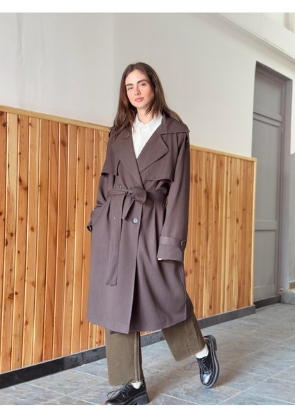 Tasarım Ingiliz Pelerin Model Trenchcoat Ceket Kadın Koyu Kahverengi fiyatları