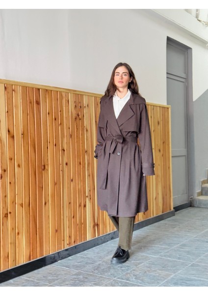 Tasarım Ingiliz Pelerin Model Trenchcoat Ceket Kadın Koyu Kahverengi modelleri