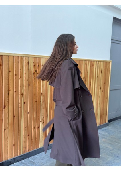 Tasarım Ingiliz Pelerin Model Trenchcoat Ceket Kadın Koyu Kahverengi fırsatları