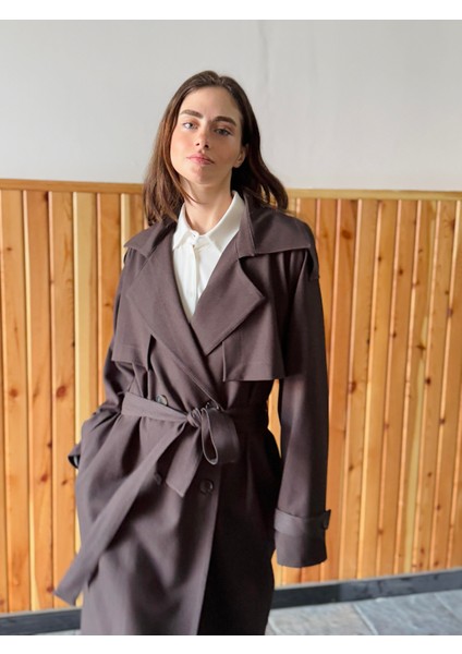 Tasarım Ingiliz Pelerin Model Trenchcoat Ceket Kadın Koyu Kahverengi indirimleri