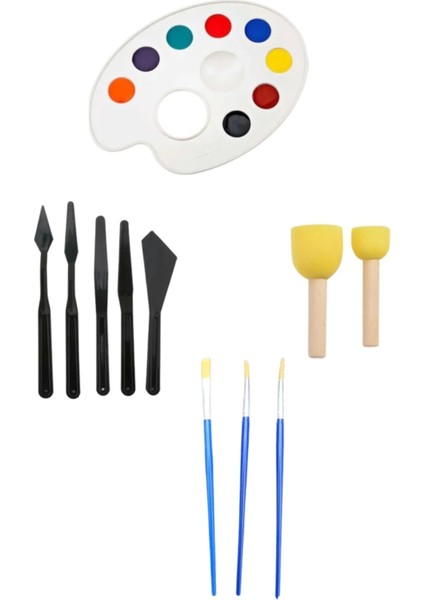 3 Fırça, Resim Paleti, Ponpon Fırça, Yağlı Boya Spatula (Spatül, Pon Pon)