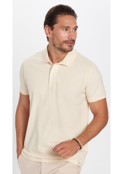 Erkek Slim Fit Dar Kesim %100 Pamuk Bej Polo Yaka Tişört