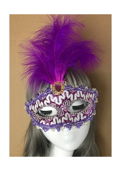 Mor Dantel Işlemeli Mor Tüylü Balo Parti Maskesi