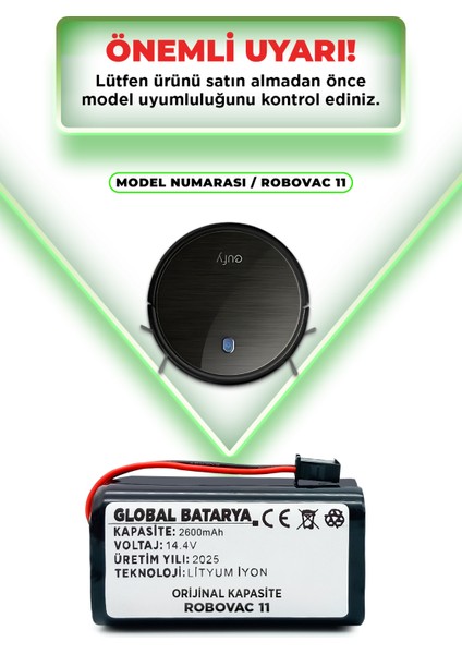 Anker Eufy Robovac 11 Uyumlu Akıllı Robot Süpürge Bataryası 14.4V 2600mAh Li-ion Pil (Orijinal Kapasite)
