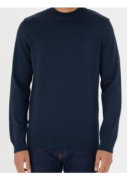 Erkek Lacivert Melanj Slim Fit Yarım Balıkçı Yaka Basic Triko Kazak 50276158-VR120