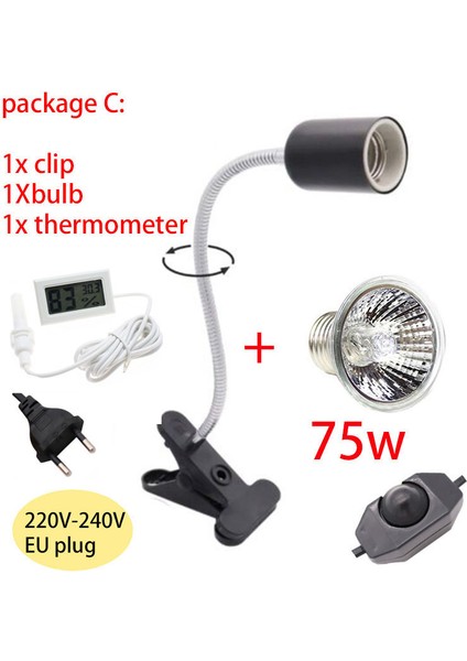 Paket C 75W Stili Sürüngen Lambası Tutucu Ampul Seti Klipsli Kaplumbağa Lamba Kaplumbağalar Kiti Isıtıcı Termometre Higrometre Isı Lambası Kiti (Yurt Dışından)