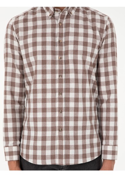 Erkek Kahverengi Kareli Regular Fit Uzun Kollu Gömlek 50298846-VR029