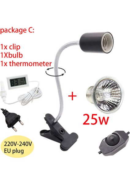 Paket C 25W Stili Sürüngen Lambası Tutucu Ampul Seti Klipsli Kaplumbağa Lamba Kaplumbağalar Kiti Isıtıcı Termometre Higrometre Isı Lambası Kiti (Yurt Dışından)