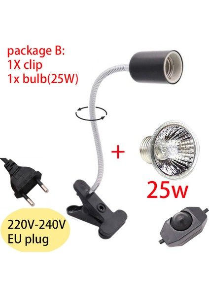 Paket B 25W Stili Sürüngen Lamba Ampul Seti ile Klipsli Kaplumbağa Lambası Tutucu Kiti Termometre Nem Ölçer Kaplumbağalar Isıtma Lambası U26 (Yurt Dışından)