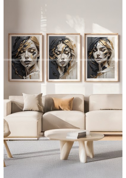 Altın Dokunuşlu Modern Portre Temalı 3'lü Ahşap Çerçeveli Tablo Seti - 21 x 30