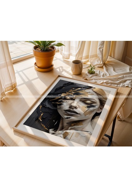 Altın Dokunuşlu Modern Portre Temalı 3'lü Ahşap Çerçeveli Tablo Seti - 21 x 30