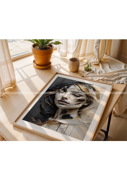Altın Dokunuşlu Modern Portre Temalı 3'lü Ahşap Çerçeveli Tablo Seti - 21 x 30