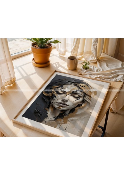 Altın Dokunuşlu Modern Portre Temalı 3'lü Ahşap Çerçeveli Tablo Seti - 21 x 30