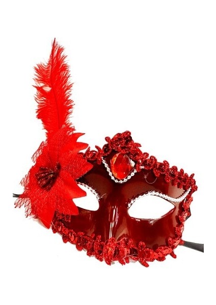 Kırmızı Güllü ve Tüylü Venedik Maskesi