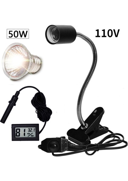 50W ve Siyah Tutucu Stili 110V Uva+Uvb 3.0 Sürüngen Lamba Seti Klipsli Lamba Tutucu Ampul Termometre Higrometre Kaplumbağa Kaplumbağalar Kertenkele Isıtma Işığı (Yurt Dışından)