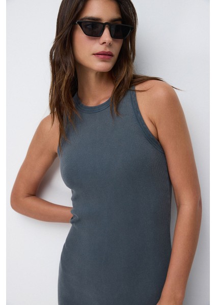 Halter Yaka Midi Boy Asit Yıkamalı Elbise
