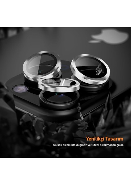 Apple iPhone 15 Pro / 15 Pro Max Ile Uyumlu Darbeye Dayanıklı Mekanizmalı Safir Kamera Lens Koruyucu Beyaz modelleri