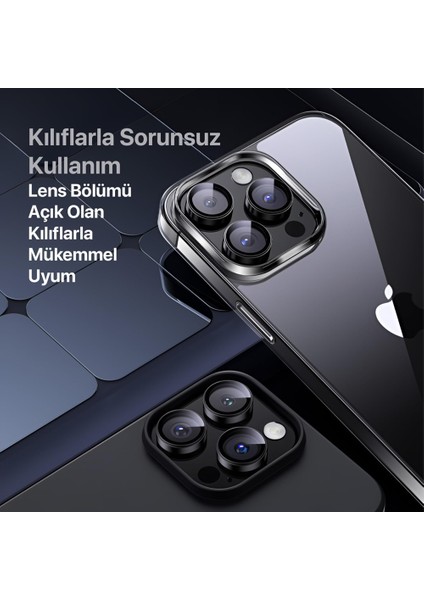 Apple iPhone 15 Pro / 15 Pro Max Ile Uyumlu Darbeye Dayanıklı Mekanizmalı Safir Kamera Lens Koruyucu Siyah