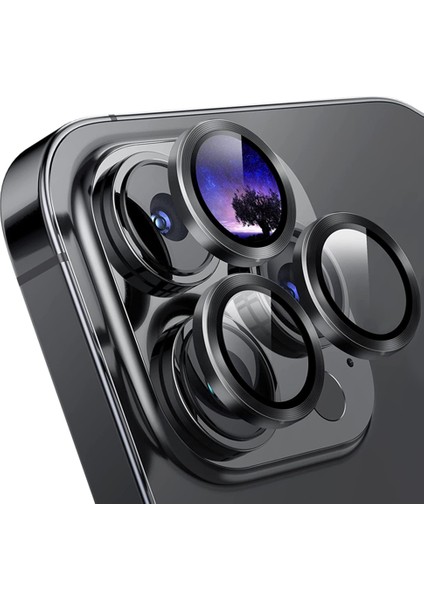 Apple iPhone 15 Pro / 15 Pro Max Ile Uyumlu Darbeye Dayanıklı Mekanizmalı Safir Kamera Lens Koruyucu Siyah