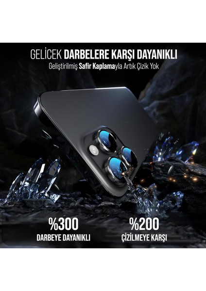 Iphone 16 Pro / 16 Pro Max Ile Uyumlu Darbeye Dayanıklı Mekanizmalı Safir Kamera Lens Koruyucu Siyah