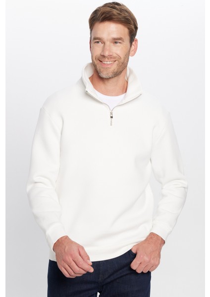 Relax Fit Rahat Kesim Pamuklu Içi Polarlı Yarım Fermuarlı Beyaz Dik Yaka Sweatshirt