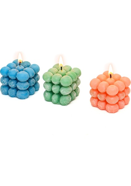 Dekoratif Pembe-Mavi-Yeşil Bubble Mum Seti