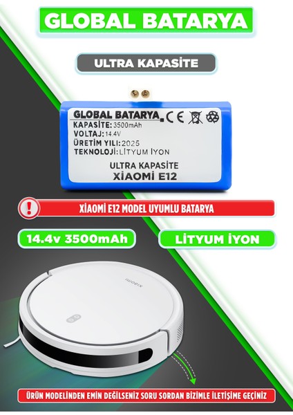 Xiaomi Robot Vacuum E12 Uyumlu Akıllı Robot Süpürge Bataryası 14.4V 3500MAH Pil (Ultra Kapasite)