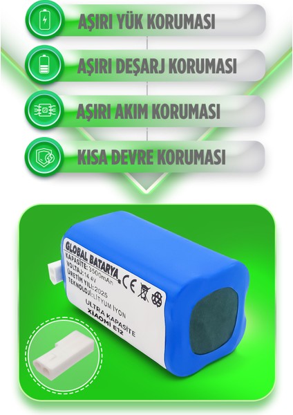 Xiaomi Robot Vacuum E12 Uyumlu Akıllı Robot Süpürge Bataryası 14.4V 3500MAH Pil (Ultra Kapasite)