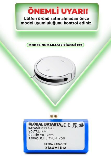 Xiaomi Robot Vacuum E12 Uyumlu Akıllı Robot Süpürge Bataryası 14.4V 3500MAH Pil (Ultra Kapasite)