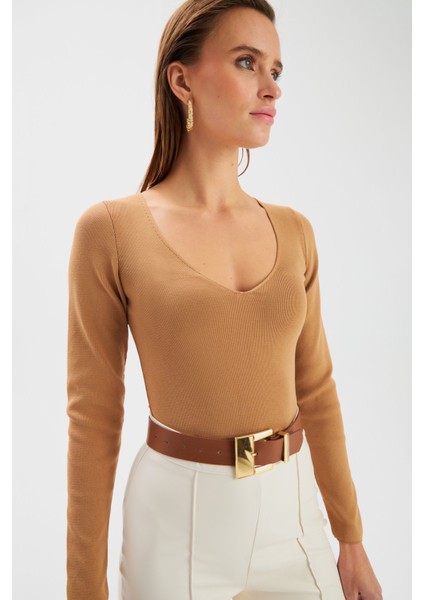 V Yaka Triko Crop Vizon fiyatları