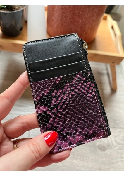 Design - Think Model Mat Siyah Ile Pembe Yılan Baskılı Hakiki Deri Cüzdan Kartlık